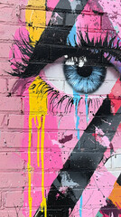 Abstract Graffiti Eye Art on Pink Brick Wall