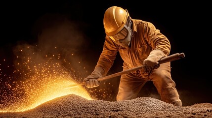 Fototapeta premium worker wearing protective gear skillfully operates a long tool to manage molten material in a manufacturing facility