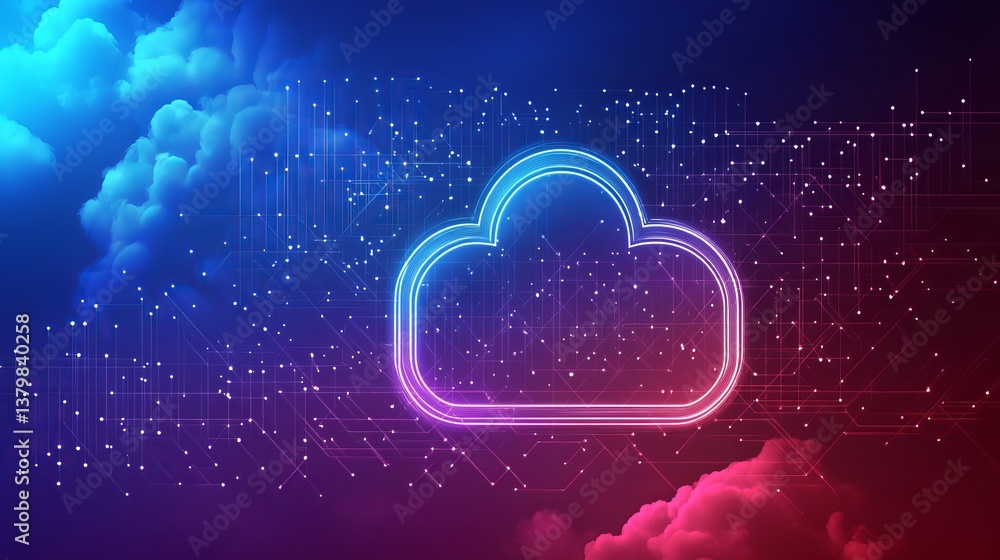 Poster a glowing cloud icon surrounded by digital network lines and colorful cloud formations background