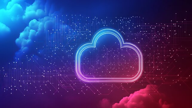 A glowing cloud icon surrounded by digital network lines and colorful cloud formations background