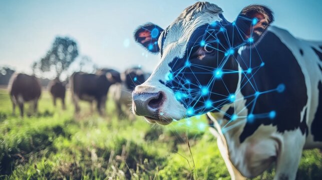 Modern livestock farming a Holstein cow with augmented reality overlays monitoring body temperature and nutrition. - Powered by Adobe