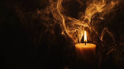 Naklejka premium Soft glow of a candle flame with wisps of smoke rising in a darkened space at nighttime