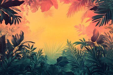 Vibrant Tropical Jungle Leaves Summer Orange Background Lush Foliage Exotic Plants Paradise Nature Scene Palm 
