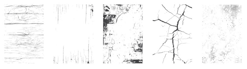 Overlay textures set stamp with grunge effect. Old damage Dirty grainy and scratches. Set of different distressed black grain texture. Distress overlay vector textures.	
