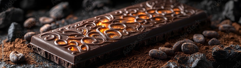 Poster a gourmet chocolate bar with intricate embossed patterns and cocoa accents