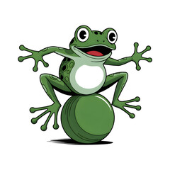 Fototapeta premium Frog on Ball: Playful cartoon frog balancing confidently on a green ball, radiating joy and vitality in a vibrant illustration, perfect for children's books or fun designs.