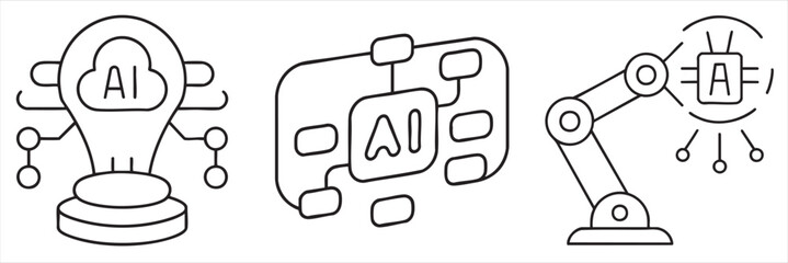 Illustration of AI concepts with light bulb, network, and robotic arm graphics.