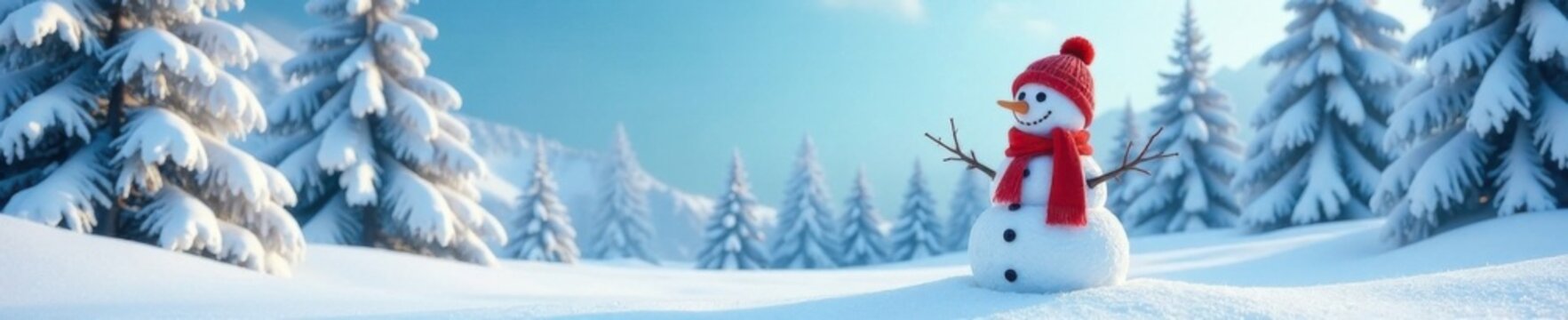 snowman in winter landscape with snow-covered trees and blue sky, wintery view, cold climate, snowflakes