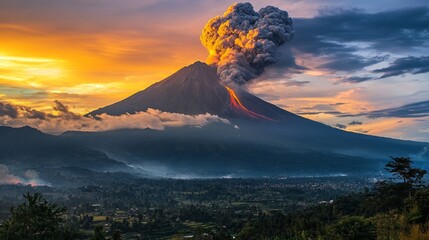 Majestic volcano erupts with vibrant lava against a dramatic sunset backdrop in Indonesia