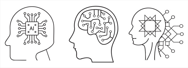 Naklejka premium Three abstract heads featuring circuit designs, symbolizing artificial intelligence and technology.