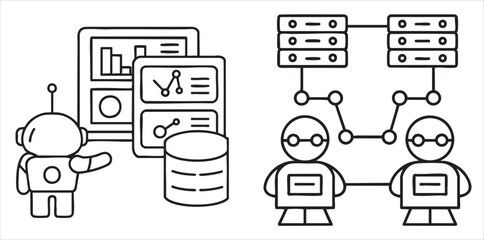 Illustration of robots analyzing data and connecting servers in a digital environment.