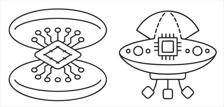 Futuristic illustration of a microchip and a flying saucer design.