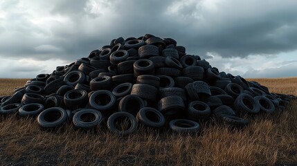 Piled tires in a field under cloudy sky.