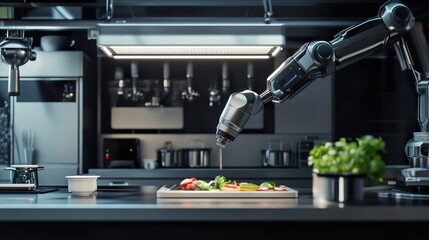 Futuristic robotic arm preparing a meal in a high-tech kitchen setting