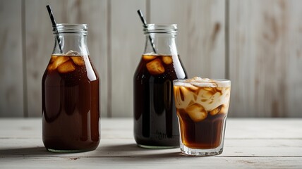 Cold brew coffee with milk on white wooden table