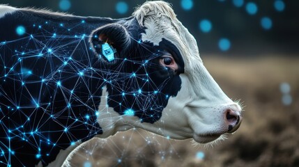 Side profile of a dairy cow with transparent digital interface elements showing real-time health and nutrition data.