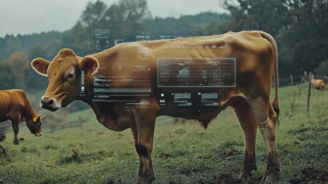 Side profile of a dairy cow with transparent digital interface elements showing real-time health and nutrition data. - Powered by Adobe