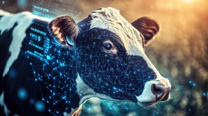 Smart farming concept close-up of a cows head with floating digital analytics and agricultural sensor data visualization.