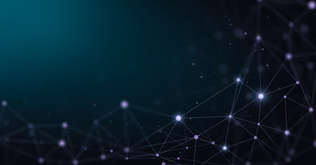 Network of interconnected dots and lines against a dark blue gradient background.