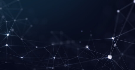 Abstract network background with interconnected nodes and lines on a dark blue surface.