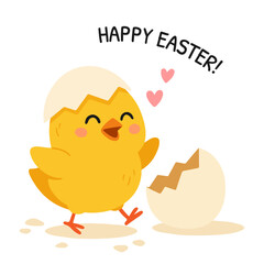 Cute Easter chick hatching from an egg with Happy Easter text and heart accents  in trendy flat style isolated on white background. Holiday illustration for greeting cards, prints, posters or stickers