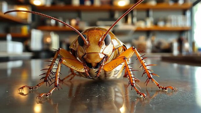 Close-up of cockroach on a stainless steel surface in a cafe