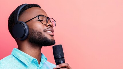 Naklejka premium Confident Man Wearing Headphones in Studio Setting for Professional Audio Recording