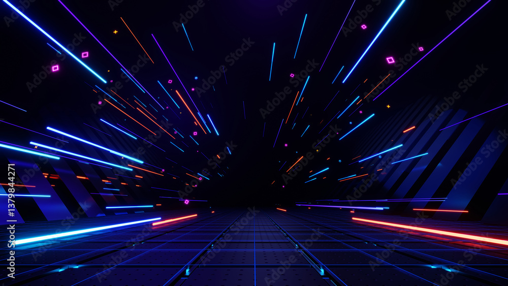 Poster 3d render, abstract dynamic neon lines and particles in futuristic digital tunnel background