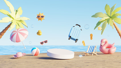 3D render, Empty podium on summer beach scene with floating travel and vacation items