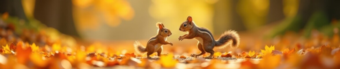 Obraz premium Squirrel family jumping through colorful fallen leaves, family, colorful
