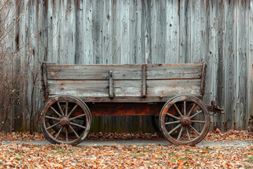 Obraz premium A weathered wooden cart rests against a rustic grey barn, evoking a sense of history and rural life.