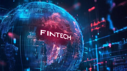 Fintech globe with digital network and data visualization in blue and red tones on dark background