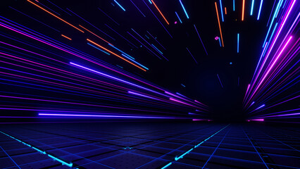 Obraz premium 3d render, Abstract futuristic neon light speed lines in dark digital tunnel background