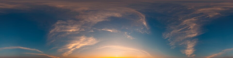 Sunset sky with bright glowing pink Cirrus clouds. Seamless spherical HDR 360 panorama. Full zenith or sky dome in 3D, sky replacement for aerial drone panoramas. Climate and weather change.