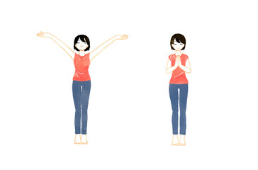 直立で深呼吸＆合掌をする女性のセット　ヨガ・ストレッチの手描き水彩イラスト素材