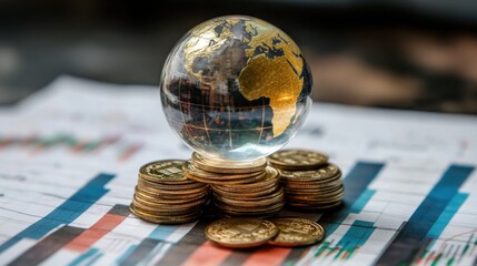 Symbol of economic growth a transparent world globe on a stack of coins, with data analysis charts behind.