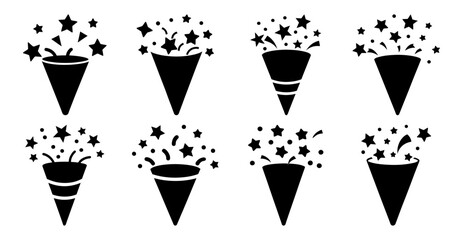 Set of eight black party popper icons with stars and confetti.  Celebration, festive, fun, event, party supplies.