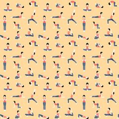 ヨガのポーズをする女性のパターン（手描き水彩イラスト）