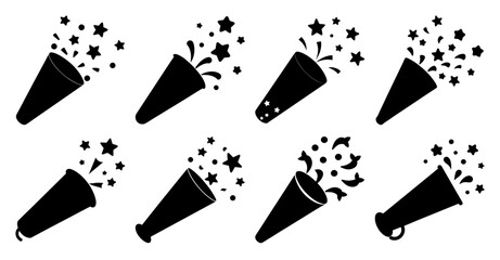 Set of party popper icons.  Celebration, festive, fun, event, party, confetti, celebration, holiday, anniversary, birthday, new year, vector illustration.