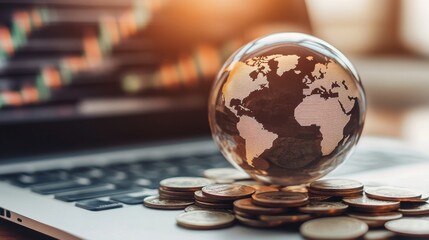 Transparent world globe on a pile of coins, with a laptop showing stock market analysis in a blurred background.