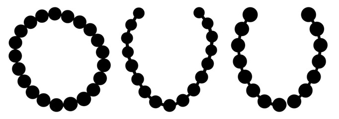 Set of three circular bead patterns, complete circle, open U shape, and open U shape with different curvature.  Perfect for design elements, backgrounds, or borders.