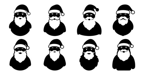 Set of eight diverse Santa Claus avatars.  Black and white minimalist icons for Christmas, holiday, and winter themes.