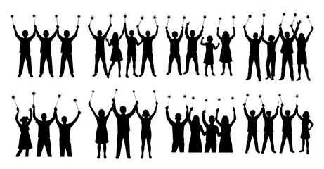 Collection of diverse people silhouettes celebrating with raised hands.  Perfect for celebration, success, unity, and teamwork concepts.