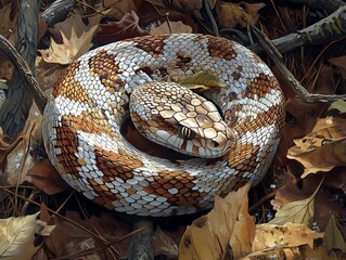 Obraz premium Coiled Rattlesnake Illustration Among Autumn Leaves and Branches Wildlife Art