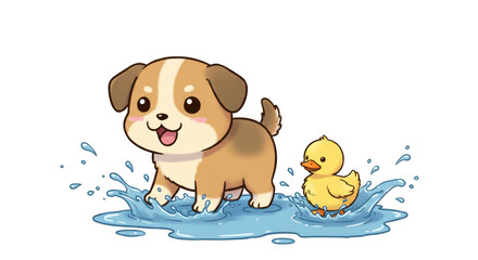 Fototapeta premium Cartoon Dog Puddle Splashing with Little Yellow Duck Friend, Illustration
