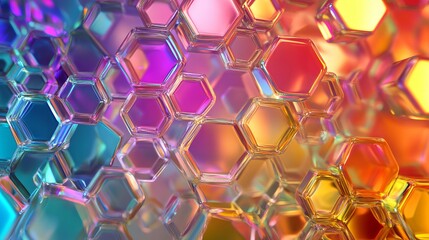 Iridescent hexagonal prisms in a colorful abstract arrangement with a glossy and reflective surface