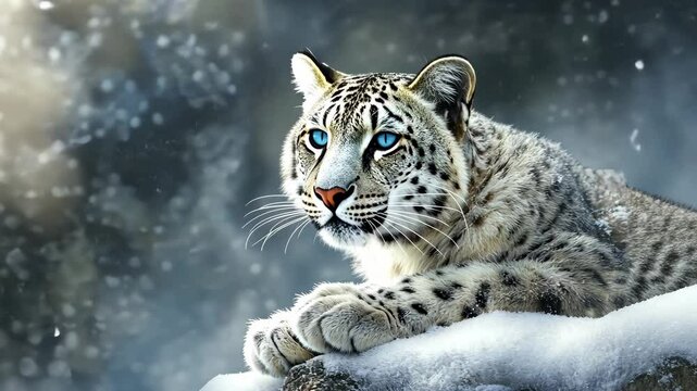 Majestic snow leopard with striking blue eyes and beautiful fur rests on snowy rock in serene winter wildlife landscape.