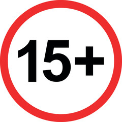age restriction 15 plus sign. content warning symbol for mature audience, gaming, movies, and apps