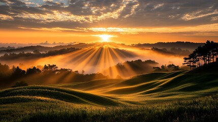 Obraz premium Golden Sunrise Over Misty Rolling Hills