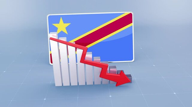 Congo Democratic Republic Country Flag and Bar Chart Graph Showing Decreasing Values a Red Arrow Economic Crisis Concept. Flag of the Congo Democratic Republic